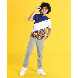 Pine Kids 100% Cotton Knit Half Sleeves T-Shirt Floral Print - Blue Depth