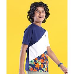 Pine Kids 100% Cotton Knit Half Sleeves T-Shirt Floral Print - Blue Depth