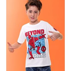 Pine Kids Marvel Cotton Knit Half Sleeves With Front & Back Spiderman Graphics T-Shirt - White