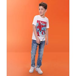 Pine Kids Marvel Cotton Knit Half Sleeves With Front & Back Spiderman Graphics T-Shirt - White