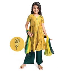 Pine Kids Silk Viscose Woven Half Sleeves Gold Foil Floral Printed Kurti Salwar Set with Shaded Dupatta- Yellow