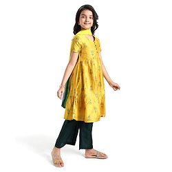 Pine Kids Silk Viscose Woven Half Sleeves Gold Foil Floral Printed Kurti Salwar Set with Shaded Dupatta- Yellow