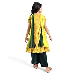 Pine Kids Silk Viscose Woven Half Sleeves Gold Foil Floral Printed Kurti Salwar Set with Shaded Dupatta- Yellow