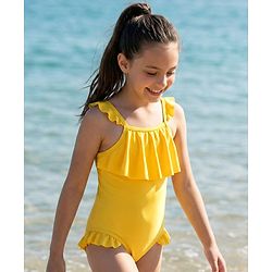 Pine Kids Sleeveless V Cut Swimsuit with Frill Detailing Solid Colour - Yellow