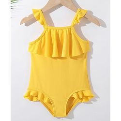 Pine Kids Sleeveless V Cut Swimsuit with Frill Detailing Solid Colour - Yellow