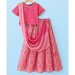 Pine Kids Viscose Woven Half Sleeves Chanderi Lehenga Choli Set with Dupatta Set & Floral Embroidery -  Pink