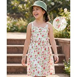 Pine Kids Cotton Woven Sleeveless Frock Floral Print - White