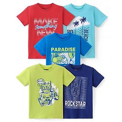 Pine Kids Cotton Half Sleeves T-Shirts Beach & Robot Print Pack of 5 - Multicolor