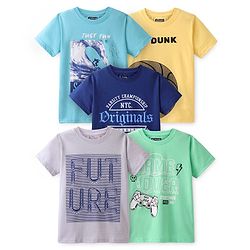 Pine Kids Cotton Knit Half Sleeves Surfing & Gaming Console Printed T-Shirts Pack of 5 - Multicolour