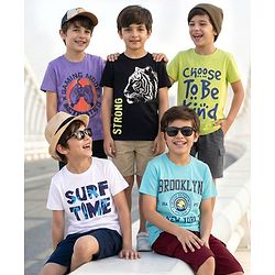 Pine Kids Cotton Knit Half Sleeves Tiger & Text Printed T-Shirts Pack of 5 - Multicolour