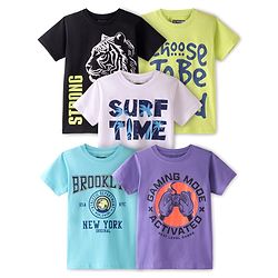 Pine Kids Cotton Knit Half Sleeves Tiger & Text Printed T-Shirts Pack of 5 - Multicolour