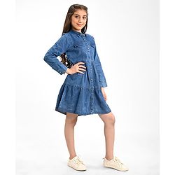 Pine Kids 100% Cotton Woven Denim Full Sleeves Shirt Dress Solid Colour - Blue