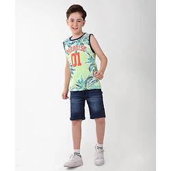 Pine Kids Cotton Sleeveless Tank T-Shirt Tropical Print - Paradise Green