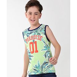 Pine Kids Cotton Sleeveless Tank T-Shirt Tropical Print - Paradise Green