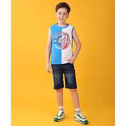 Pine Kids 100% Cotton Knit Sleeveless T-Shirt Busket Ball Print - Blue & White