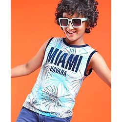 Pine Kids Cotton Knit Sleeveless Tank T-Shirt Text Print - Tanager Turquoise