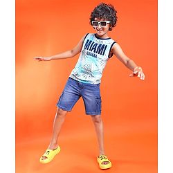 Pine Kids Cotton Knit Sleeveless Tank T-Shirt Text Print - Tanager Turquoise