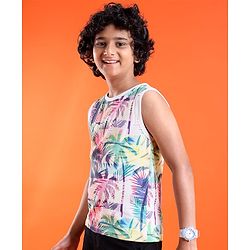 Pine Kids Cotton Knit Sleeveless Tank T-Shirt Palm Tree Print - Multicolor
