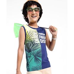 Pine Kids Cotton Sleeveless T-Shirt Tropical Theme Print - Blue Depths