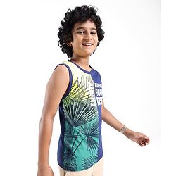 Pine Kids Cotton Sleeveless T-Shirt Tropical Theme Print - Blue Depths