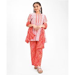 Pine Kids 100% Cotton Woven Half Sleeves Kurta & Laheriya Print Palazzo Set With Dupatta - Off White & Orange