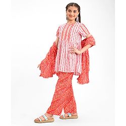 Pine Kids 100% Cotton Woven Half Sleeves Kurta & Laheriya Print Palazzo Set With Dupatta - Off White & Orange