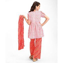 Pine Kids 100% Cotton Woven Half Sleeves Kurta & Laheriya Print Palazzo Set With Dupatta - Off White & Orange