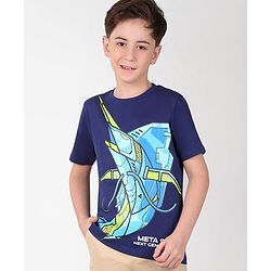 Pine Kids Cotton Half Sleeves T-Shirt Robotic Shark Print - Blue Depths