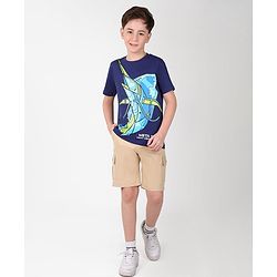 Pine Kids Cotton Half Sleeves T-Shirt Robotic Shark Print - Blue Depths