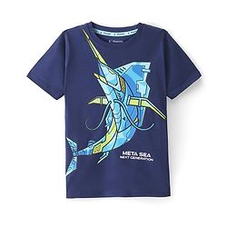 Pine Kids Cotton Half Sleeves T-Shirt Robotic Shark Print - Blue Depths