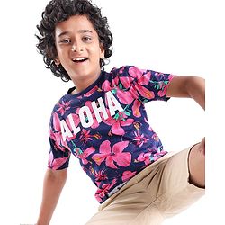 Pine Kids Cotton Knit Half Sleeves T-Shirt Floral & Text Print - Blue