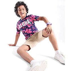 Pine Kids Cotton Knit Half Sleeves T-Shirt Floral & Text Print - Blue