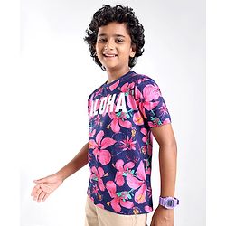 Pine Kids Cotton Knit Half Sleeves T-Shirt Floral & Text Print - Blue