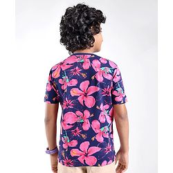 Pine Kids Cotton Knit Half Sleeves T-Shirt Floral & Text Print - Blue