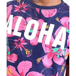 Pine Kids Cotton Knit Half Sleeves T-Shirt Floral & Text Print - Blue