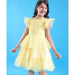 Pine Kids Half Sleeves  Party Frock with  Floral Embroidery -  Yellow