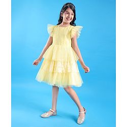 Pine Kids Half Sleeves  Party Frock with  Floral Embroidery -  Yellow