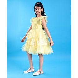 Pine Kids Half Sleeves  Party Frock with  Floral Embroidery -  Yellow