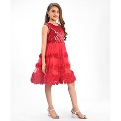 Pine Kids Sleeveless Party Frock With Floral Applique & Sequins Detailing - Red