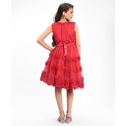 Pine Kids Sleeveless Party Frock With Floral Applique & Sequins Detailing - Red