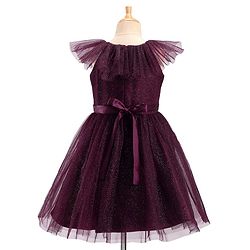 Pine Kids Sleeveless Party Frock With Glitter Detailing & Floral Applique - Purple