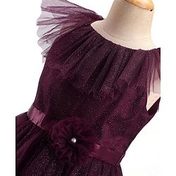 Pine Kids Sleeveless Party Frock With Glitter Detailing & Floral Applique - Purple