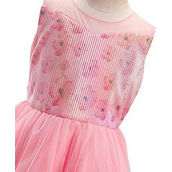 Pine Kids Woven Sleeveless Party Frock with Floral Print & Frill Design - Peach