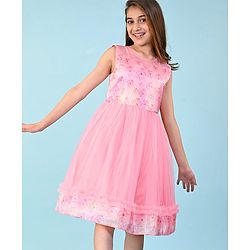 Pine Kids Woven Sleeveless Party Frock with Floral Print & Frill Design - Peach