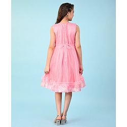 Pine Kids Woven Sleeveless Party Frock with Floral Print & Frill Design - Peach