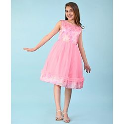 Pine Kids Woven Sleeveless Party Frock with Floral Print & Frill Design - Peach