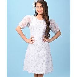 Pine Kids Half Sleeves Party Frock With Sequins Detailing - White