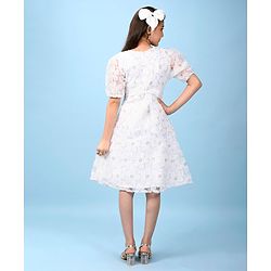 Pine Kids Half Sleeves Party Frock With Sequins Detailing - White