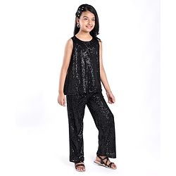 Pine Kids Sleeveless Top & Palazzo Set with Sequins Detailing - Black