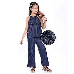 Pine Kids Woven Sleeveless Top & Palazzo Set With Shimmer - Navy Blue